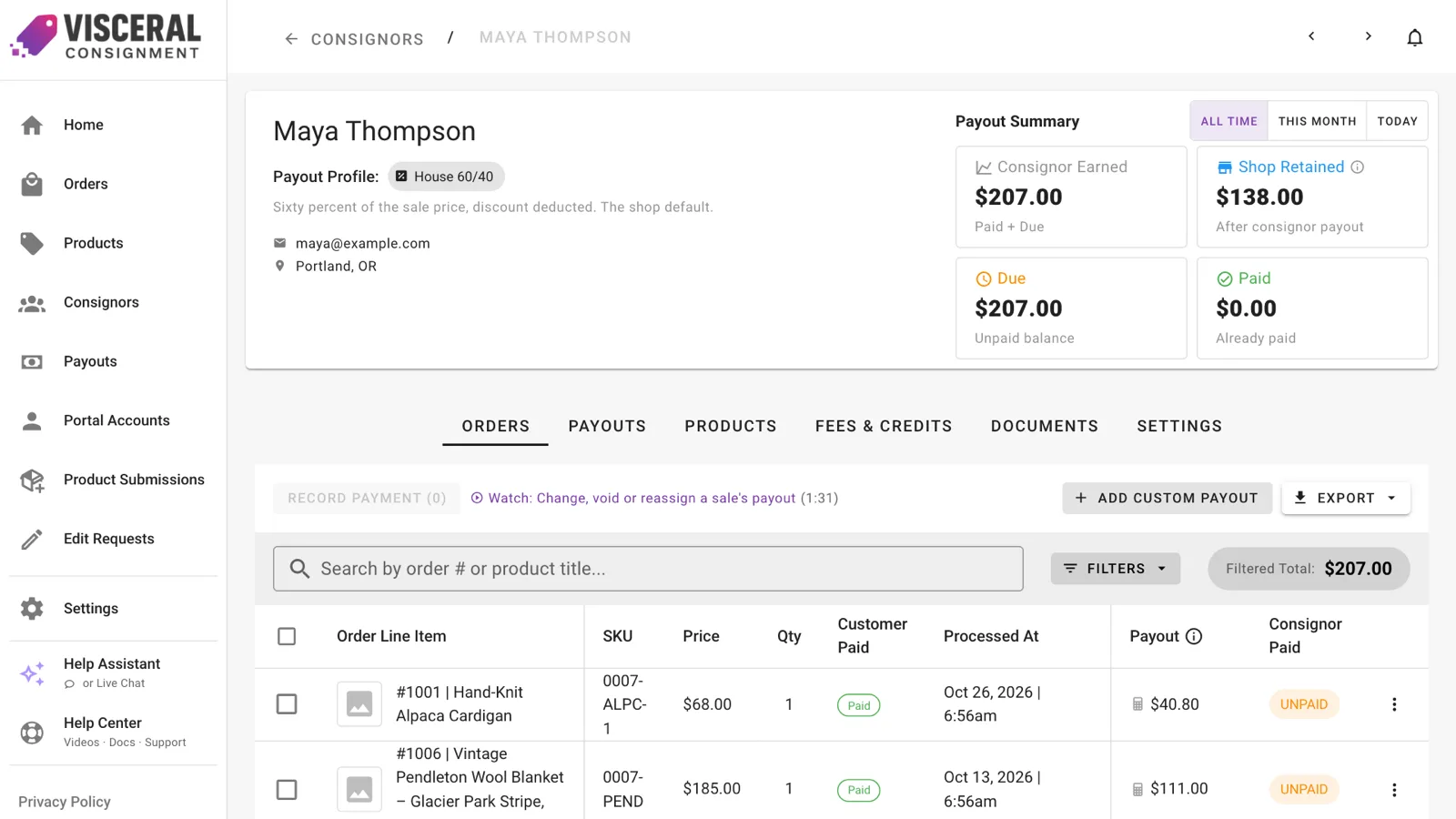 A consignor’s sales, each with the payout worked out