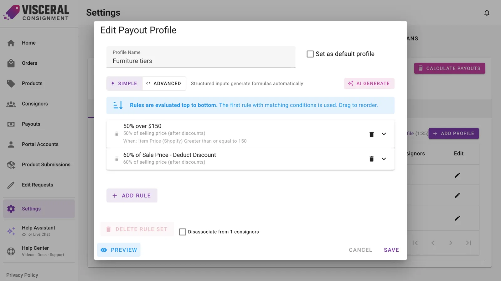 A payout profile with tiered rules by item price