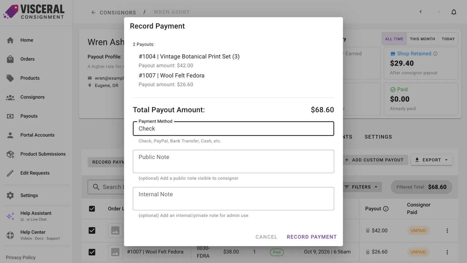 Recording a payout for everything a consignor is owed