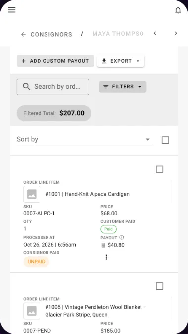 A consignor’s sales, each with its payout, on a phone