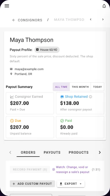 A consignor’s payout summary in the shop app, on a phone
