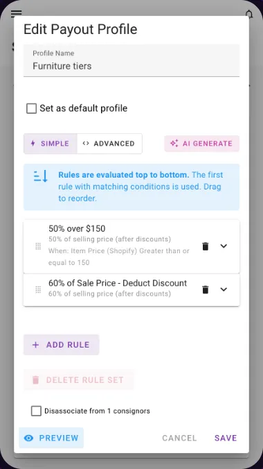Tiered payout rules by item price, edited on a phone
