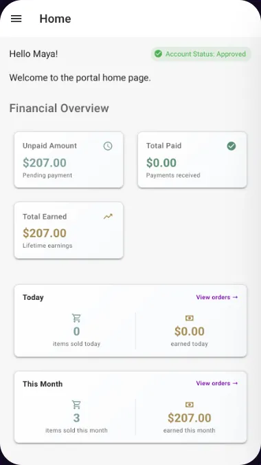 Portal home on a phone: unpaid amount, total paid and this month’s sales