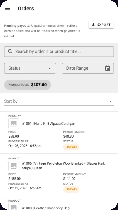 A consignor’s sales in the portal, each with its payout and status
